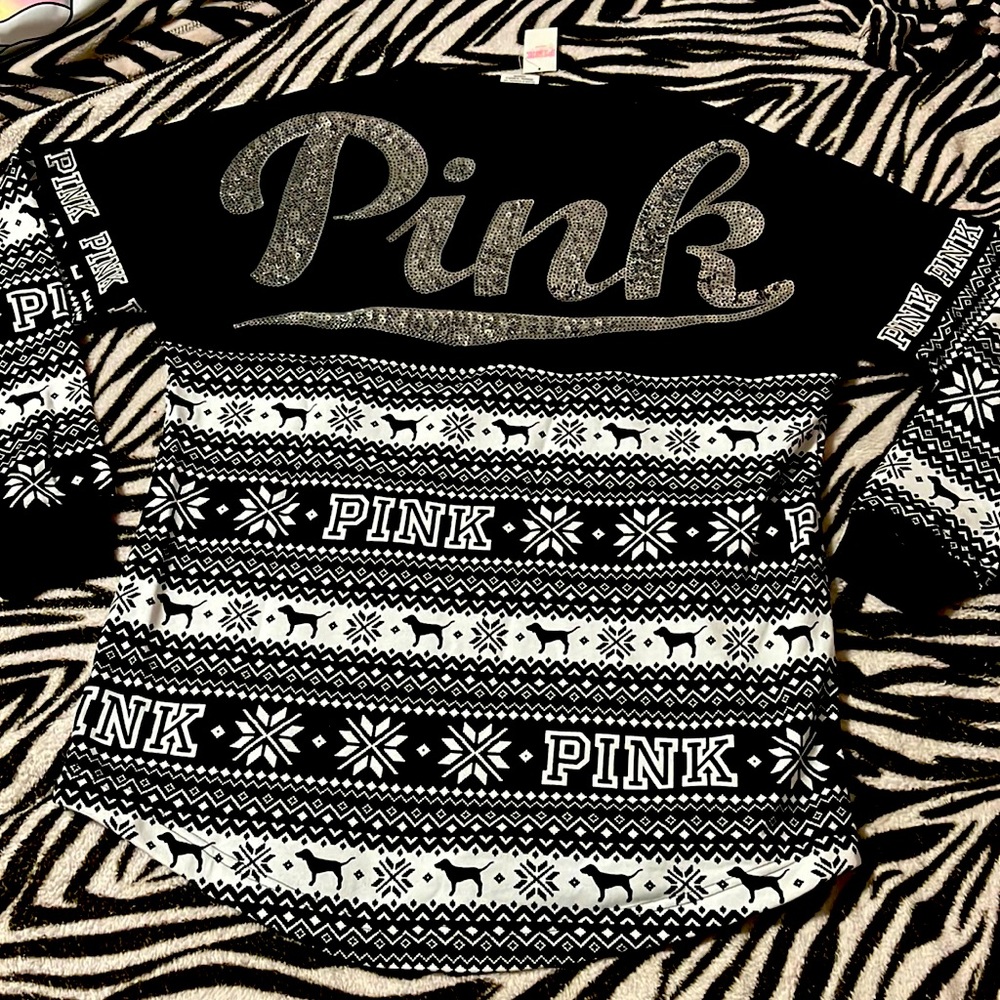 Pink Victoria’s Secret bling Christmas sweatshirt New campus Xs s dog logo snow